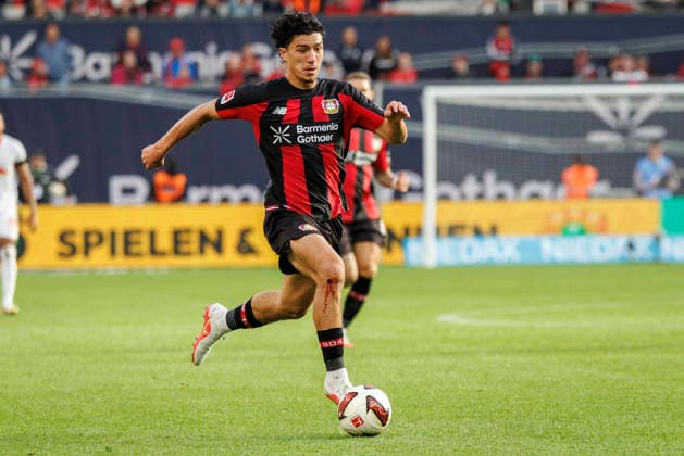 LEVERKUSEN, GERMANY - SEPTEMBER 20, 2026: Ibrahim Maza (Bayer 04 Leverkusen, 30) during the German Bundesliga match on gameday 4 between Bayer 04 Leverkusen vs. RB Leipzig at BayArena on September 20, 2026 in Leverkusen, Germany. DFL REGULATIONS PROHIBIT ANY USE OF PHOTOGRAPHS AS IMAGE SEQUENCES AND OR QUASI-VIDEO. Northrhine-Westphalia Germany Copyright: xAxelxKohringx