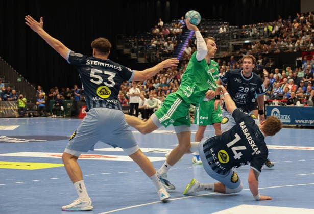 From left: Sören Steinhaus (Bergischer HC 53), Mathias Gidsel (Füchse Berlin 19), Gerdas Babarskas Bergischer HC 14, Tom Bergner Bergischer HC 28 GER, Bergischer HC vs. Füchse Berlin, Handball, Opel Handball Bundesliga, Matchday 5, 2026–2027 season, September 20, 2026, GER, Bergischer HC vs. Füchse Berlin, Handball, Opel Handball Bundesliga, Matchday 5, 2026–2027 season, September 20, 2026, Düsseldorf Copyright: xEibner-Pressefoto ThomasxStoeckex EP_TSR