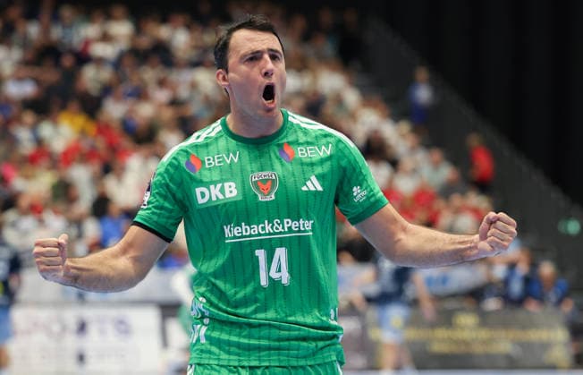 Aitor Arino of Füchse Berlin 14 celebrates after scoring a goal GER, Bergischer HC vs. Füchse Berlin, Handball, Opel Handball Bundesliga, Matchday 5, 2026–2027 season, September 20, 2026 GER, Bergischer HC vs. Füchse Berlin, Handball, Opel Handball Bundesliga, Matchday 5, 2026–2027 season, September 20, 2026 Düsseldorf Copyright: xEibner-Pressefoto ThomasxStoeckex EP_TSR
