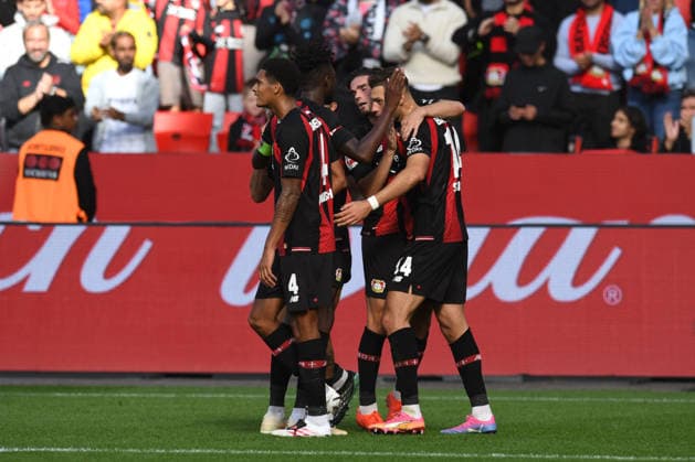 Leverkusen players celebrate around goal scorer Patrik Schick, Bayer 04 Leverkusen, 14 seconds after the 1–0 goal, GER, Bayer 04 Leverkusen vs. RB Leipzig, Soccer, Bundesliga, Matchday 4, 2026–2027 season, September 20, 2026 DFL regulations prohibit any use of photographs as image sequences and or quasi-video GER, Bayer 04 Leverkusen vs. RB Leipzig, soccer, Bundesliga, Matchday 4, 2026–2027 season, September 20, 2026, Leverkusen Copyright: xEibner-Pressefoto ThomasxThienelx EP_TTL