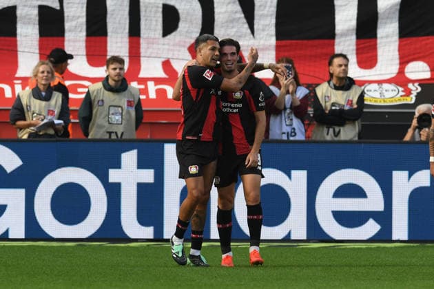 Goal scorer Miguel Gutierrez of Bayer 04 Leverkusen (3) celebrates with Facundo Medina of Bayer 04 Leverkusen (2) after scoring the goal that made it 2–0 for Germany, Bayer 04 Leverkusen vs. RB Leipzig, Soccer, Bundesliga, Matchday 4, 2026–2027 season, September 20, 2026 DFL regulations prohibit any use of photographs as image sequences and or quasi-video, GER, Bayer 04 Leverkusen vs. RB Leipzig, soccer, Bundesliga, Matchday 4, 2026–2027 season, September 20, 2026, Leverkusen Copyright: xEibner-Pressefoto ThomasxThienelx EP_TTL