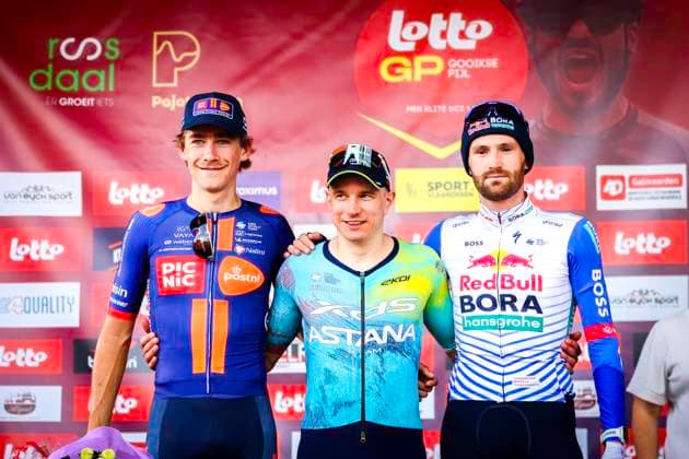 Gooikse Pijl 2026 Cycling Race GOOIK, BELGIUM - SEPTEMBER 20 : Biesterbos Frits (NED) of Team Picnic PostNL second place, Kanter Max (GER) of XDS Astana Team first place and Meeus Jordi (BEL) of Red Bull BORA Hansgrohe third place pictured during the 23th edition of the Gooikse Pijl one day cycling road race for Men Elite of 199 km with start in Roosdaal and finish in Gooik on September 20, 2026 in Gooik, Belgium, 20 09 2026 Gooik Belgium  Copyright: xXpix