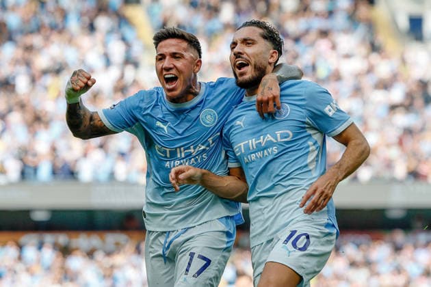 Manchester City v Sunderland - Premier League 2026 27 Enzo Fernandez and Rayan Cherki of Manchester City celebrate 2nd goal during the Premier League 2026 27 match between Manchester City and Sunderland at Etihad Stadium on September 19, 2026 in Manchester, England. WARNING! This Photograph May Only Be Used For Newspaper And Or Magazine Editorial Purposes. May Not Be Used For Publications Involving 1 player, 1 Club Or 1 Competition Without Written Authorisation From Football DataCo Ltd. For Any Queries, Please Contact Football DataCo Ltd on +44 (0) 207 864 9121 Manchester Etihad Stadium England United Kingdom Copyright: xAllstarxPicturexLibraryxLtdx