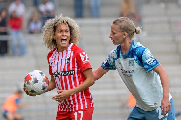 Amira Arfaoui, SC Freiburg Women, 17; Marlene Mueller, Bayer 04 Leverkusen Women, 27, showing emotion (GER), SC Freiburg vs. Bayer 04 Leverkusen, Women s Soccer, Bundesliga, Matchday 5, 2026–2027 Season, September 20, 2026 DFB regulations prohibit any use of photographs as image sequences and or quasi-video GER, SC Freiburg vs. Bayer 04 Leverkusen, Women’s Soccer, Bundesliga, Matchday 5, 2026–2027 Season, September 20, 2026, Freiburg Copyright: xEibner-Pressefotox EP_THS