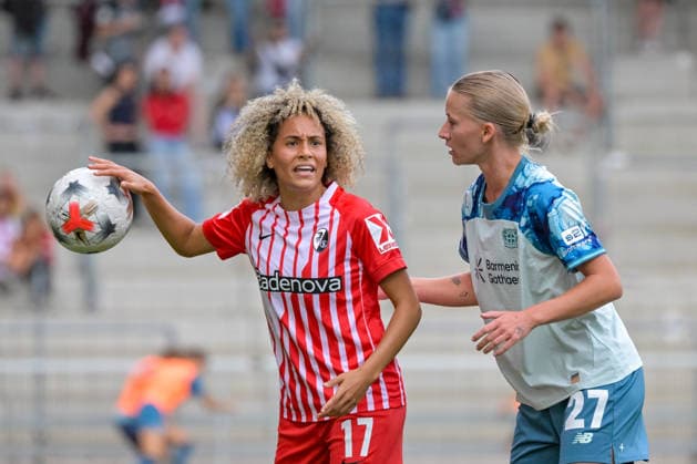 Amira Arfaoui, SC Freiburg Women, 17; Marlene Mueller, Bayer 04 Leverkusen Women, 27, showing emotion (GER), SC Freiburg vs. Bayer 04 Leverkusen, Women s Soccer, Bundesliga, Matchday 5, 2026–2027 Season, September 20, 2026 DFB regulations prohibit any use of photographs as image sequences and or quasi-video GER, SC Freiburg vs. Bayer 04 Leverkusen, Women’s Soccer, Bundesliga, Matchday 5, 2026–2027 Season, September 20, 2026, Freiburg Copyright: xEibner-Pressefotox EP_THS