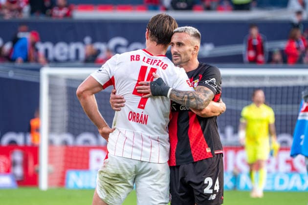 Germany 1 Bundesliga 2026–2027, Matchday 4, Bayer 04 Leverkusen vs. RB Leipzig, Saturday, September 20, 2026, BayArena Stadium, Leverkusen, North Rhine-Westphalia; after the game: Aleix Garcia (Bayer 04 Leverkusen, 24) with Willi Orb (RB Leipzig, 4); Leverkusen, BayArena Stadium, Leverkusen, Germany Copyright: xOrhanxHabashx