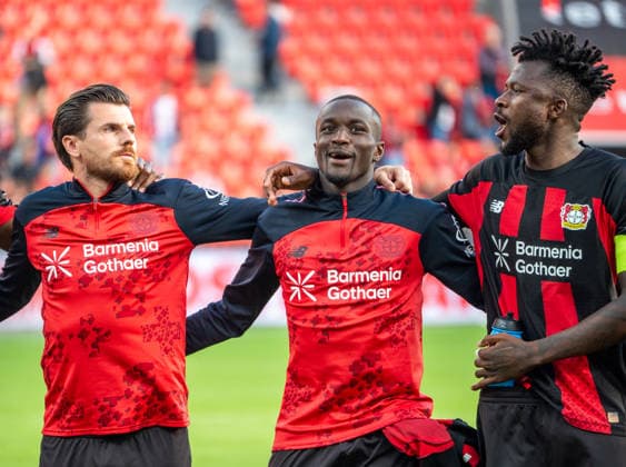 Germany 1 Bundesliga 2026–2027, Matchday 4, Bayer 04 Leverkusen vs. RB Leipzig, Saturday, September 20, 2026, BayArena Stadium, Leverkusen, North Rhine-Westphalia. Joy, emotions, cheering, victory celebration, reaction, Moussa Diaby (Bayer 04 Leverkusen, No. 19), Edmond Tapsoba (Bayer 04 Leverkusen, No. 12), Jonas Hofmann (Bayer 04 Leverkusen, No. 7), Leverkusen, BayArena Stadium, Leverkusen, Germany Copyright: xOrhanxHabashx