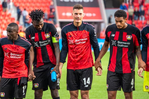 Germany 1 Bundesliga 2026–2027, Matchday 4, Bayer 04 Leverkusen vs. RB Leipzig, Saturday, September 20, 2026, BayArena Stadium, Leverkusen, North Rhine-Westphalia, Patrik Schick (Bayer 04 Leverkusen), 14 Edmond Tapsoba (Bayer 04 Leverkusen), 12 Jarell Quansah, Bayer 04 Leverkusen, 4 Moussa Diaby, Bayer 04 Leverkusen, 19 Joy, Emotions, Cheering, Victory Celebration, Reaction, Leverkusen, BayArena Stadium, Leverkusen, Germany Copyright: xOrhanxHabashx