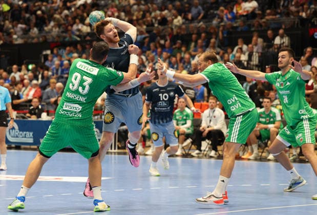 v l Mihajlo Marsenic, Füchse Berlin 93; Johannes Wasielewski, Bergischer HC 77; Fynn Hangstein, Bergischer HC 10; Max Darj, Füchse Berlin 05; Lauro Pichiri, Füchse Berlin 24 GER, Bergischer HC vs. Füchse Berlin, Handball, Opel Handball Bundesliga, Matchday 5, 2026–2027 season, September 20, 2026 GER, Bergischer HC vs. Füchse Berlin, Handball, Opel Handball Bundesliga, Matchday 5, 2026–2027 season, September 20, 2026 Düsseldorf Copyright: xEibner-Pressefoto ThomasxStoeckex EP_TSR