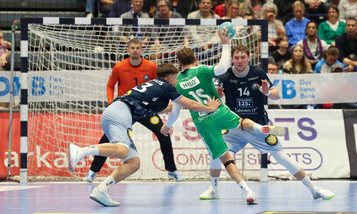 From left: Christopher Rudeck, Bergischer HC 01; Sören Steinhaus, Bergischer HC 53; Tobias Grondahl, Füchse Berlin 15; Gerdas Babarskas Bergischer HC 14 GER, Bergischer HC vs. Füchse Berlin, Handball, Opel Handball Bundesliga, Matchday 5, 2026–2027 season, September 20, 2026 GER, Bergischer HC vs. Füchse Berlin, Handball, Opel Handball Bundesliga, Matchday 5, 2026–2027 Season, September 20, 2026 Düsseldorf Copyright: xEibner-Pressefoto ThomasxStoeckex EP_TSR