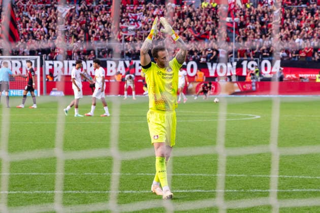 September 20, 2026, Soccer, Matchday 4 of the 1. Bundesliga, Bayer 04 Leverkusen vs. RB Leipzig; Goalkeeper Mark Flekken of Bayer 04 Leverkusen celebrates the 2-0 victory over RB Leipzig; Leverkusen, BayArena, North Rhine-Westphalia, Germany; xRHR PHOTO DEx Copyright: DennisxEwert RHR-FOTOx RHR-FOTO DE