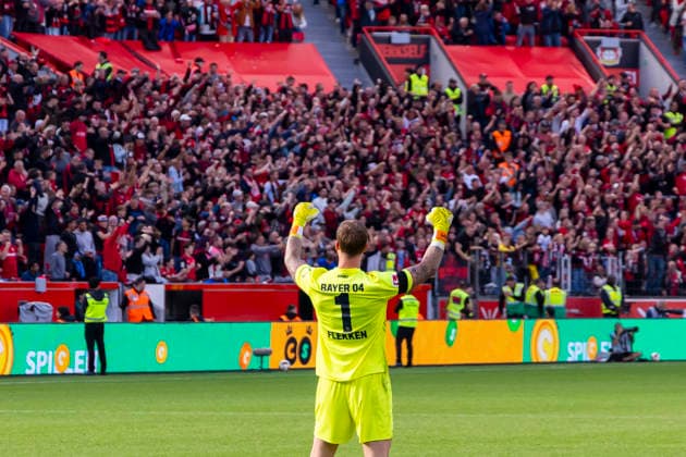 September 20, 2026, Soccer, Matchday 4 of the 1. Bundesliga, Bayer 04 Leverkusen vs. RB Leipzig; Goalkeeper Mark Flekken of Bayer 04 Leverkusen celebrates the goal that made the score 2–0; Leverkusen, BayArena, North Rhine-Westphalia, Germany; xRHR PHOTO DEx Copyright: DennisxEwert RHR-FOTOx RHR-FOTO DE