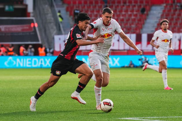 September 20, 2026, xjmrgnx, Soccer 1 Bundesliga, Bayer 04 Leverkusen vs. RB Leipzig: A tackle between Ibrahim Maza (30, Leverkusen) and Maxime Esteve (3), Leipzig. DFL and DFB regulations prohibit any use of photographs as image sequences and or quasi-video. Leverkusen
