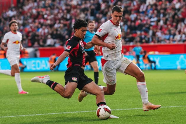 September 20, 2026, xjmrgnx, Soccer 1 Bundesliga, Bayer 04 Leverkusen vs. RB Leipzig: A tackle between Ibrahim Maza (30, Leverkusen) and Maxime Esteve (3), Leipzig. DFL and DFB regulations prohibit any use of photographs as image sequences and or quasi-video. Leverkusen