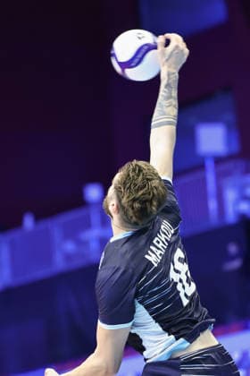 IPA88765277 - 18 Angelos Markou (Greece) serving during the Round of 16 match of the CEV Enel EuroVolley 2026 between Finland and Greece at PalaVela, Turin, Italy, on September 20, 2026, during Finland vs. Greece, CEV EuroVolley Men s match in Turin, Italy, September 20, 2026  Copyright: xValerioxOrigo IPAxSportx xx IPA88765277
