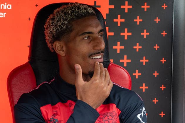 Germany 1 Bundesliga 2026–2027, Matchday 4, Bayer 04 Leverkusen vs. RB Leipzig, Saturday, September 20, 2026, BayArena Stadium, Leverkusen, North Rhine-Westphalia, Loic Bade, Bayer 04 Leverkusen, 5, facial expressions, emotions, Leverkusen bench, BayArena Stadium, Leverkusen, Germany Copyright: xOrhanxHabashx