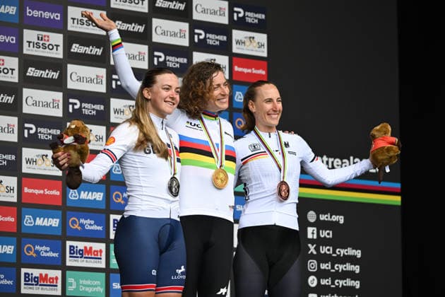 2026 UCI Road World Championships Picture by Zac Williams SWpix.com - 20 09 2026 - Cycling - 2026 UCI Road World Championships - MontrÃ al, Canada - Women Elite Individual Time Trial (ITT) Podium - Marlen Reusser (Switzerland) wins the Gold Medal to become World Champion with Zoe Backstedt (Great Britain) receiving the Silver Medal and Franziska Koch (Germany) receiving the Bronze Medal Copyright: x xSWpix.comx(t axPhotographyxHubxLtd)xZacxWilliams SWpix.comx SWP-3521-0254