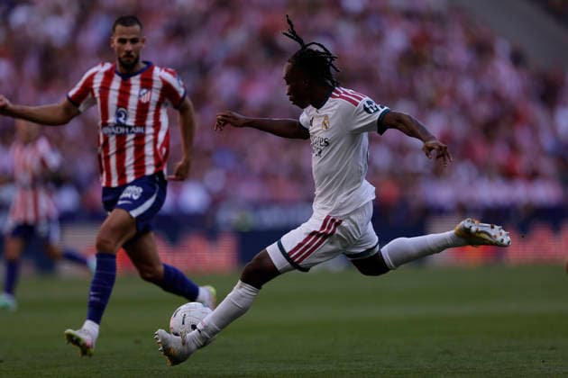 Yan Diomande of Real Madrid CF takes a shot during the LaLiga EA Sports match between Club Atlético de Madrid and Real Madrid CF at Riyadh Air Metropolitano on September 20, 2026, in Madrid, Spain. Photo by Manu Reino, DeFodi Images
