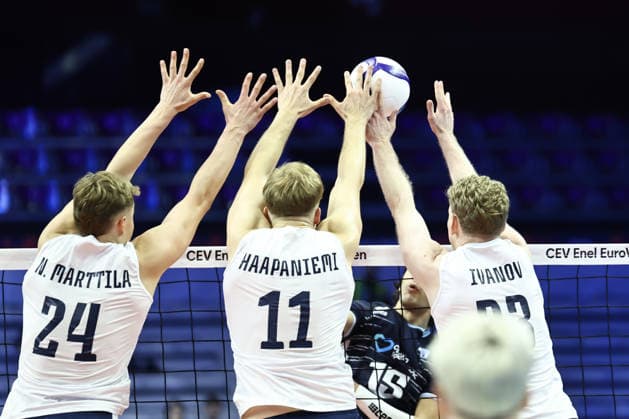 IPA88765284 - Attack by 15 Alexandros Raptis (Greece) during the Round of 16 of the CEV Enel EuroVolley 2026 match between Finland and Greece at PalaVela, Turin, Italy, on September 20, 2026, during Finland vs. Greece, CEV EuroVolley Men’s match in Turin, Italy, September 20, 2026  Copyright: xValerioxOrigo IPAxSportx xx IPA88765284