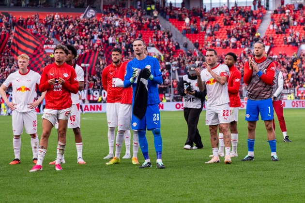 September 20, 2026, Soccer, Matchday 4 of the 1. Bundesliga, Bayer 04 Leverkusen vs. RB Leipzig: Nicolas Seiwald (RB Leipzig), Neil El Aynaoui (RB Leipzig), Goalkeeper Maarten Vandevoordt (RB Leipzig), David Raum (RB Leipzig), Christopher Nkunku (RB Leipzig), Goalie Örjan Nyland (RB Leipzig), Leverkusen BayArena, North Rhine-Westphalia, Germany, xRHR, PHOTO DEx Copyright: DennisxEwert RHR-FOTOx RHR-FOTO DE