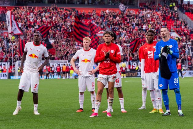 September 20, 2026, Soccer, Matchday 4 of the 1. Bundesliga, Bayer 04 Leverkusen vs. RB Leipzig, Ezechiel Banzuzi (RB Leipzig), Nicolas Seiwald, RB Leipzig; Neil El Aynaoui, RB Leipzig; Goalie Maarten Vandevoordt, RB Leipzig; Leverkusen, BayArena, North Rhine-Westphalia, Germany; xRHR PHOTO DEx Copyright: DennisxEwert RHR-FOTOx RHR-FOTO DE