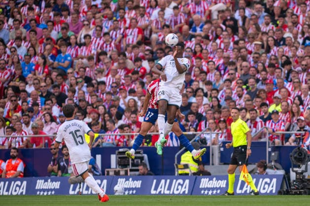 RECORD DATE NOT STATED 20th September 2026; Riyadh Air Metropolitano, Madrid, Spain; Spanish La Liga Football, Atletico Madrid versus Real Madrid; Denzel Dumfries of Real Madrid heads the ball AdelinaxCobos