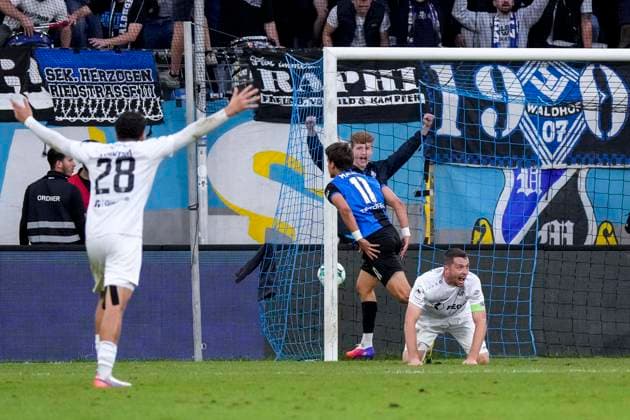 Goal scorer Francisco Mascarenhas Masca, SV Waldhof, 11, scores the goal to make it 2–0; goal, scoring, highlight, action, play, game scene, September 20, 2026, Mannheim, Germany, soccer, 3. Liga, SV Waldhof Mannheim vs. SC Preußen Münster, DFB and DFL regulations prohibit any use of photographs as image sequences and or quasi-video xozx