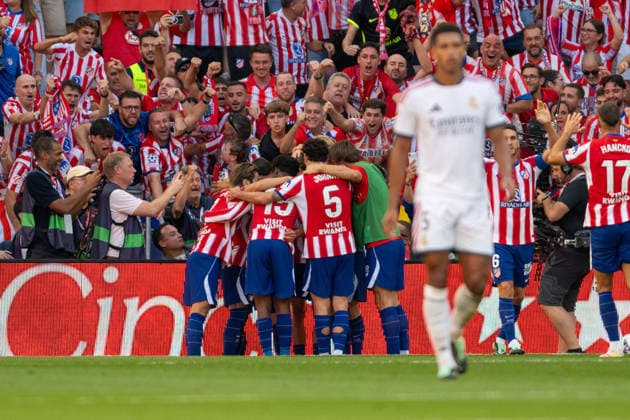 RECORD DATE NOT STATED 20th September 2026; Riyadh Air Metropolitano, Madrid, Spain; Spanish La Liga Football, Atletico Madrid versus Real Madrid; Atletico Madrid versus Real Madrid; Atletico Madrid players celebrate goal from Grimaldo min 52 1-0 for Atletico AdelinaxCobos