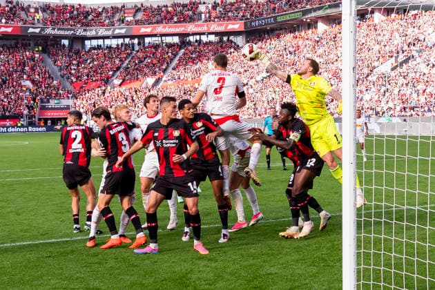 September 20, 2026, Soccer, Matchday 4 of the 1. Bundesliga, Bayer 04 Leverkusen vs. RB Leipzig: Facundo Medina (Bayer 04 Leverkusen), Miguel Gutiérrez (Bayer 04 Leverkusen), Willi Orban (RB Leipzig), Patrik Schick, Bayer 04 Leverkusen; Jarell Amorin Quansah, Bayer 04 Leverkusen; Maxime Esteve, RB Leipzig; Edmond Tapsoba, Bayer 04 Leverkusen; Goalie Mark Flekken, Bayer 04 Leverkusen; Leverkusen, BayArena, North Rhine-Westphalia, Germany; xRHR PHOTO DEx Copyright: DennisxEwert RHR-FOTOx RHR-FOTO DE