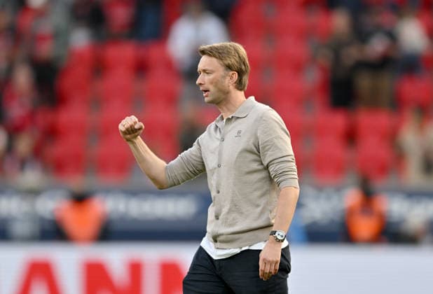 Simon ROLFES of Bayer Leverkusen, Head of Soccer Operations for the Bundesliga, celebrating the final goal, Matchday 4, Bayer 04 Leverkusen vs. RB Leipzig, on September 20, 2026, in Leverkusen, Germany. DFL regulations prohibit any use of photographs as image sequences and or quasi-video.