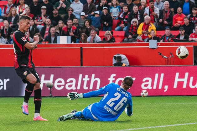 September 20, 2026, xjmrgnx, Soccer, Bundesliga 1, Bayer 04 Leverkusen vs. RB Leipzig: Shot attempt by Patrik Schick (14) against Maarten Vandevoordt (26), Leipzig DFL DFB REGULATIONS PROHIBIT ANY USE OF PHOTOGRAPHS AS IMAGE SEQUENCES AND OR QUASI-VIDEO Leverkusen