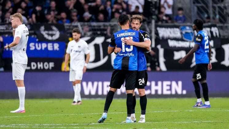 From left: Claudio Kammerknecht, SV Waldhof, 15, Lukas Klünter, SV Waldhof, 24, captain, SV Waldhof Mannheim players, celebrating after the final whistle, joy over the victory, winners, celebrating, cheerful, positive, happy, optimistic, highlight, action, September 20, 2026, Mannheim, Germany, soccer, 3rd League, SV Waldhof Mannheim vs. SC Preußen Münster, DFB and DFL regulations prohibit any use of photographs as image sequences and or quasi-video xozx