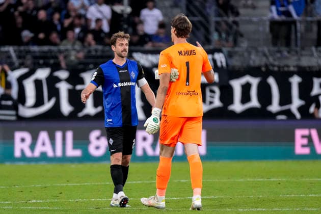 From left: Lukas Klünter, SV Waldhof, 24, captain; Thijmen Nijhuis, goalkeeper, SV Waldhof, 1, player for SV Waldhof Mannheim, celebrating after the final whistle, joy over the victory, winner, celebrating, cheerful, positive, happy, optimistic, highlight, action, September 20, 2026, Mannheim, Germany, soccer, 3rd Division, SV Waldhof Mannheim vs. SC Preußen Münster, DFB and DFL regulations prohibit any use of photographs as image sequences and or quasi-video xozx