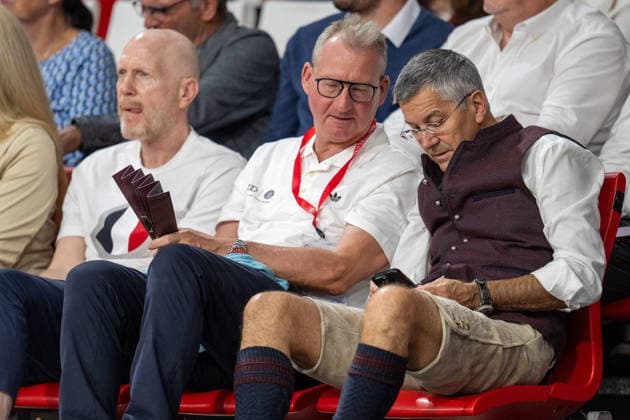 Matthias Sammer, soccer executive, 1st Vice President Prof. Dr. Dieter Mayer, FC Bayern Munich; Club President Herbert Hainer, FC Bayern Munich; FC Bayern Basketball BMA365 Bamberg Baskets, BBL, Matchday 1, September 20, 2026, Munich, Bavaria, Germany Copyright: xkolbert-press UlrichxGamelx