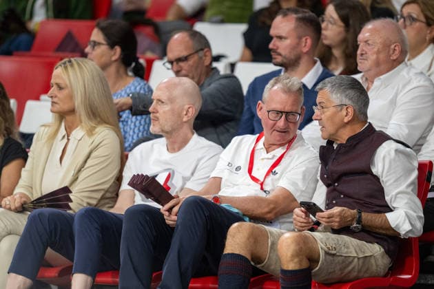 Matthias Sammer, soccer executive, 1st Vice President Prof. Dr. Dieter Mayer, FC Bayern Munich; Club President Herbert Hainer, FC Bayern Munich; FC Bayern Basketball BMA365 Bamberg Baskets, BBL, Matchday 1, September 20, 2026, Munich, Bavaria, Germany Copyright: xkolbert-press UlrichxGamelx