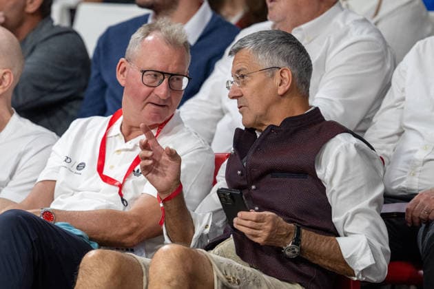 1 Vice President Prof. Dr. Dieter Mayer, FC Bayern Munich; Club President Herbert Hainer, FC Bayern Munich; FC Bayern Basketball, BMA365 Bamberg Baskets, BBL, Matchday 1, September 20, 2026, Munich, Bavaria, Germany Copyright: xkolbert-press UlrichxGamelx