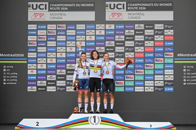 September 20, 2026, Montreal, Pq, CANADA: Marlen Reusser, of Switzerland, centre, Zoe Backstedt, of Great Britain, left, and Franziska Koch, of Germany, pose with the medals following the women s elite individual time trials (ITT) at the UCI Road World Championships cycling event in Montreal on Sunday, Sept. 20, 2026. Canada News - September 20, 2026 - ZUMAc35_ 20260920_zaf_c35_024 Copyright: xGrahamxHughesx