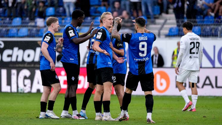 From left: Joey Müller (SV Waldhof), 6; Oluwaseun Ogbemudia Olu (SV Waldhof), 14; goal scorer Julian Rieckmann (SV Waldhof), 21, Goncalo de Almeida Gregorio, SV Waldhof, 9, SV Waldhof Mannheim players celebrating the 1–0 goal, celebration, goal celebration, scoring a goal, celebrating the goal, goal, celebration, celebrating the goal, rejoicing, joy, happy, optimistic, positive, game scene, highlight, action, 2009 2026, Mannheim, Germany, soccer, 3rd Division, SV Waldhof Mannheim vs. SC Preußen Münster, DFB and DFL regulations prohibit any use of photographs as image sequences and or quasi-video xozx