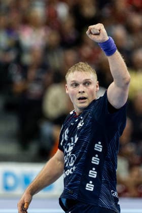 Opel HBL SG Flensburg Handewitt vs. Handball Club Hamburg, September 20, 2026—Emil Bergholt (No. 14) celebrates a goal; SG Flensburg Handewitt vs. Handball Club Hamburg, GGW Arena, September 20, 2026 Copyright: xBEAUTIFULxSPORTS MarioxM.xKobergx