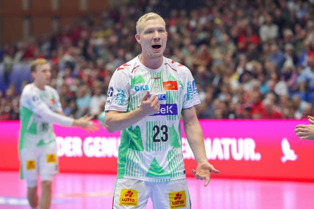 September 20, 2026, xgox, Handball: Opel HBL MT Melsungen vs. SC Magdeburg emspor; from left: Magnus Saugstrup (Magdeburg), 23: Protests, complains, rants (Kassel)
