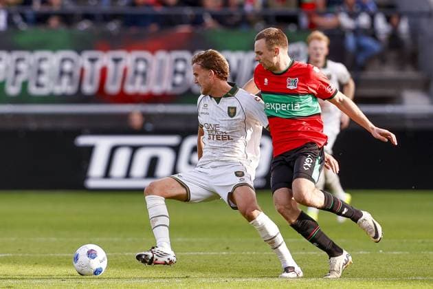 NIJMEGEN , 20-09-2026 , Stadium De Goffert , season 2026 2027 , Dutch Eredivisie football . match between NEC Nijmegen and Go Ahead Eagles, Final result 1-1, Picture shows GA Eagles player Melle Meulensteen NEC Nijmegen player Darko Nejasmic NEC - Go Ahead Eagles  x207330822x Copyright: