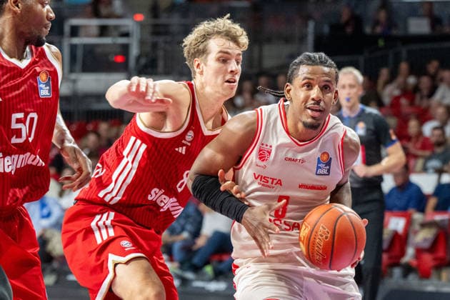 Tobias Jensen 8 FC Bayern Basketball, Jordan Wright 3 BMA365 Bamberg Baskets, FC Bayern Basketball BMA365 Bamberg Baskets, BBL, Matchday 1, September 20, 2026, Munich, Bavaria, Germany Copyright: xkolbert-press UlrichxGamelx