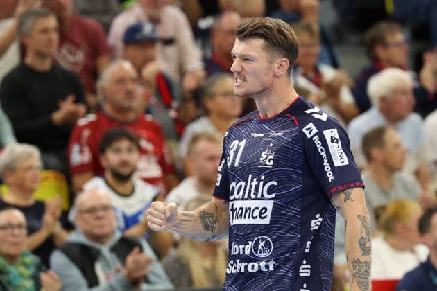 September 5, 2026, xBHAx, Handball, Opel HBL, 2026–2027 season, 1st HBL, SG Flensburg Handewitt vs. Handball Club Hamburg, GGW Arena Emil Jacobsen: SG Flensburg Handewitt celebrates a 7-meter goal against Schleswig-Holstein Deutschkand
