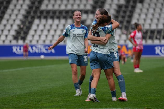 Google Pixel Women s Bundesliga: SC Freiburg vs. Bayer 04 Leverkusen, September 20, 2026—Celebration of the 1–2 goal scored by Estrella Merino of Bayer 04 Leverkusen, 10 Google Pixel Women s Bundesliga: SC Freiburg vs. Bayer 04 Leverkusen, Dreisamstadion, September 20, 2026 DFB and DFL regulations prohibit any use of photographs as image sequences and or quasi-video. Copyright: xBEAUTIFULxSPORTS Boscox