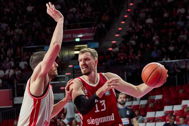 German Basketball Bundesliga (BBL), FC Bayern Munich Basketball vs. BMA365 Bamberg Baskets, Munich FC Bayern Basketball, Bamberg Baskets MBA365, September 20, 2026, at BMW Park in Munich; Andreas Obst, FC Bayern Basketball, Shooting Guard (SG), No. 13 (FCBB13), Daniel Keppeler, BMA365 Bamberg Baskets, Center (C), No. 31, BAM31, Sportworld Munich, BMW Park, Bavaria, Germany