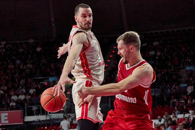 German Basketball Bundesliga (BBL), FC Bayern Munich Basketball vs. BMA365 Bamberg Baskets, Munich FC Bayern Basketball, Bamberg Baskets MBA365, September 20, 2026, at BMW Park in Munich; Andreas Obst, FC Bayern Basketball, Shooting Guard (SG), No. 13 (FCBB13), Daniel Keppeler, BMA365 Bamberg Baskets, Center (C), No. 31, BAM31, Sportworld Munich, BMW Park, Bavaria, Germany