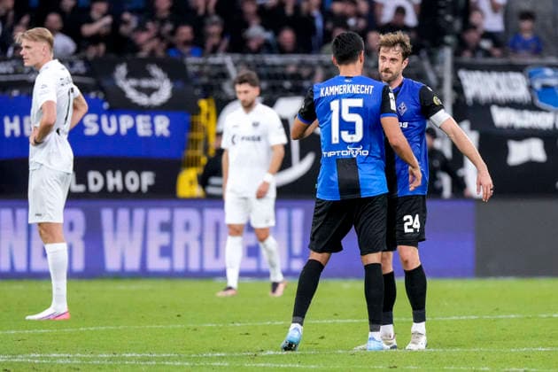 From left: Claudio Kammerknecht, SV Waldhof, 15, Lukas Klünter, SV Waldhof, 24, captain, SV Waldhof Mannheim players, celebrating after the final whistle, joy over the victory, winners, celebrating, cheerful, positive, happy, optimistic, highlight, action, September 20, 2026, Mannheim, Germany, soccer, 3rd Division, SV Waldhof Mannheim vs. SC Preußen Münster, DFB and DFL regulations prohibit any use of photographs as image sequences and or quasi-video xozx