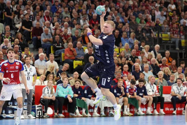 September 5, 2026, xBHAx, Handball, Opel HBL, 2026–2027 season, 1 HBL, SG Flensburg Handewitt vs. Handball Club Hamburg, GGW Arena Emil Bergholt, SG Flensburg Handewitt 14 on offense, Schleswig-Holstein, Germany