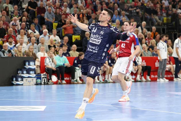 September 5, 2026, xBHAx, Handball, Opel HBL, 2026–2027 season, 1st HBL, SG Flensburg-Handewitt vs. Handball Club Hamburg, GGW Arena, Aymeric Minne, SG Flensburg-Handewitt 44, celebrating, Schleswig-Holstein, German