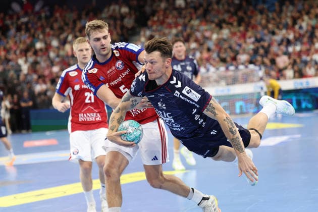 September 5, 2026, xBHAx, Handball, Opel HBL, 2026–2027 Season, 1 HBL, SG Flensburg-Handewitt vs. Handball Club Hamburg, GGW Arena Emil Jacobsen: SG Flensburg-Handewitt 31 on a flying attack against Oliver Norlyk, Handball Club Hamburg 5, Schleswig-Holstein, Germany